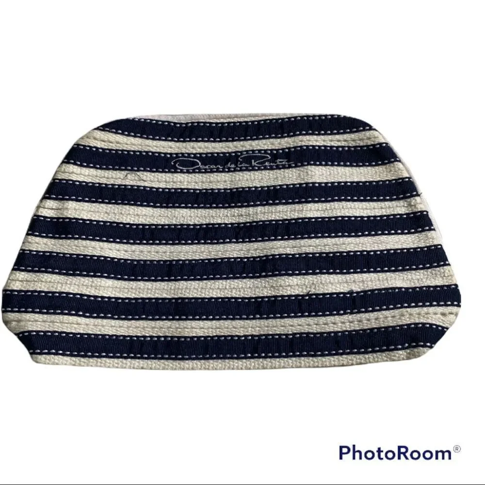 Oscar De La Renta vintage blue white stripes 100% cotton make up travel bag